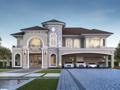 two cars parked in front of a large house with pool and palm trees on the other side