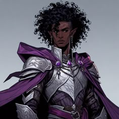 an image of a man dressed in armor and with curly hair wearing a purple cape