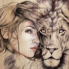 a drawing of a woman and a lion with their faces close to each other's heads