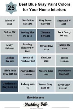 the best blue gray paint colors for your home interiors info sheet with text overlay