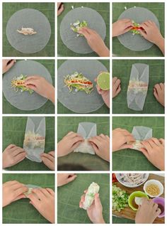 there are many different pictures of food being made on the counter top, including shrimp and lettuce