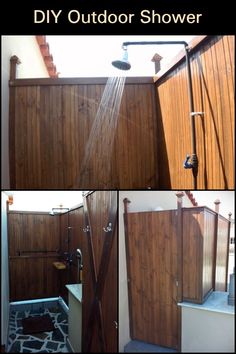 an outdoor shower is shown in three different pictures