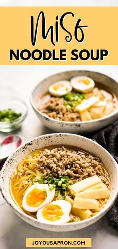 two bowls filled with noodles, eggs and meat