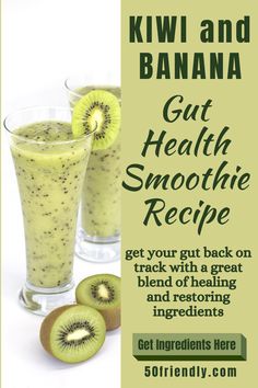 Gut Health Smoothie Recipe with Kiwi and Banana.  Heal and restore your gut with the ingredients in this recipe.  Just grab a handful of the recipes ingredients and blend them together into a delicious tasting Kiwi and Banana Gut Health Smoothie.  Click the link for full recipe Gut Smoothies, Gut Health Smoothie, Eoe Diet, Aip Drinks, Healthy Gut Diet, Gut Diet, Gut Recipes, Healing Smoothie, Healthy Gut Recipes