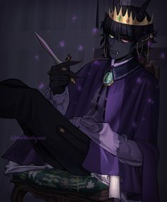 an anime character sitting on a chair holding two knives in his hand and wearing a crown