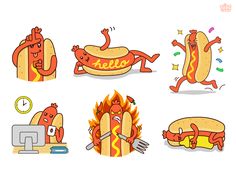 hotdogs and sausages are depicted in this cartoon style, with the words hello written on them