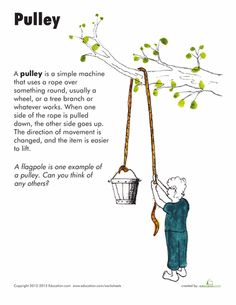 a person hanging from a tree with a bucket on it's shoulder and the caption says pulley