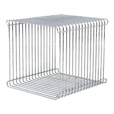 a metal wire shelf with two shelves on the bottom and one in the middle, against a white background