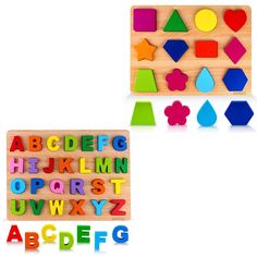 two wooden toys with letters and shapes on them