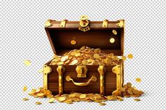 an open chest filled with gold coins on top of a white background png clipart