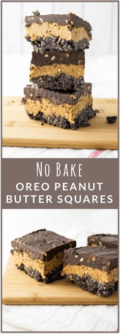 no bake oreo peanut butter squares stacked on top of each other