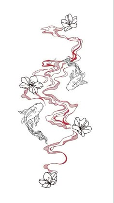 a line drawing of flowers and leaves in the shape of a dragon with red ink on white paper