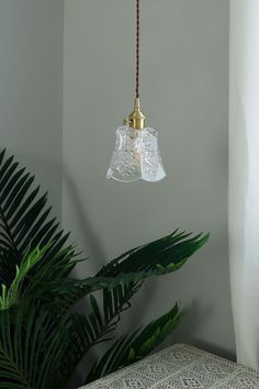 a glass light hanging from a ceiling in a room with plants and a lace tablecloth