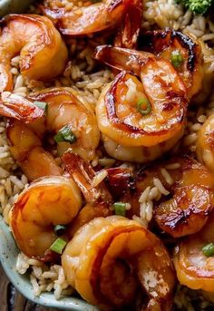 shrimp and rice with broccoli in a bowl