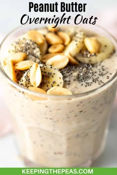 a close up of a smoothie in a glass with bananas and chia seeds