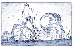 an ink drawing of rocks in the ocean with water splashing from them and flying up into the air