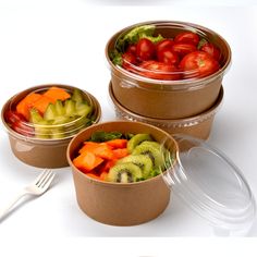 three bowls filled with different types of fruits and veggies next to each other