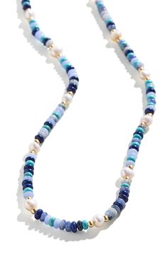 Cultured pearl stations give a glow to this colorfully beaded necklace. 18" length; 3" extender Pearls size:6mm Lobster clasp closure Stone/cultured pearl/textile/goldtone plate Imported Blue Necklace Beads, Blue Beaded Jewelry, Blue Beaded Necklace, Summer Wardrobe Essentials, Wedding Guest Shoes, Modern Shop, Baby Boy Shoes, Blue Jewelry, Boy Shoes