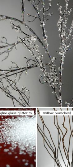 three different pictures of branches with water droplets on them and the words blue glass glitter to willow branch