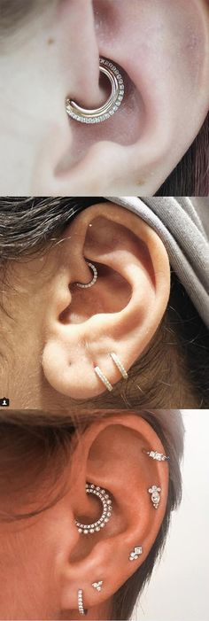 three different types of ear piercings on top of each other