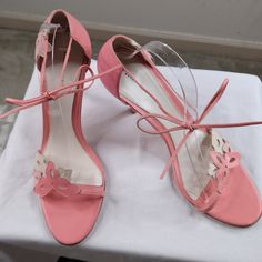 Banana Republic Leather Upper & Sole, Flower Applique Ankle Tie Sandals, Size 10, New. 3 3/4" Heel. Pink High Heel Lace-up Sandals For Party, Chic Pink Lace-up Sandals For Evening, Spring Lace-up Sandals With Heel Strap And Pointed Toe, Pink Lace-up Sandals With Wrapped Heel For Party, Spring Party Lace-up Sandals With Low Heel, Spring Formal Lace-up Sandals With 4-inch Heel, Elegant Pink High Heel Lace-up Sandals, Elegant Pink Lace-up Sandals For Party, Pink Round Toe Lace-up Sandals For Party