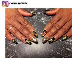 44+ Jamaican Nail Designs for 2024 - Nerd About Town Jamaica Flag Nails, Jamaican Nails Ideas Design, Jamaican Style Nails, Jamaican Nail Designs Nailart