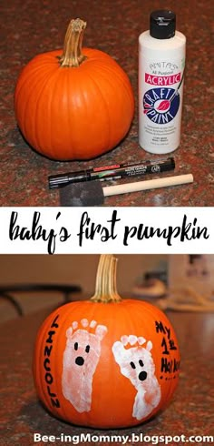 two pumpkins painted to look like baby's first pumpkin with hand prints on them