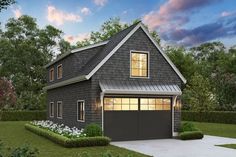 a two story house with a garage and landscaping around the front door is shown in this artist's rendering