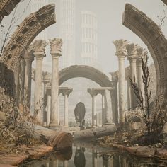 a horse is standing in the middle of an old ruins with water and trees around it