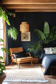 a bed room with a neatly made bed next to a chair and potted plants