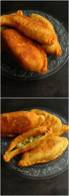 two pictures of some food on a black plate and one is cut in half to look like fish