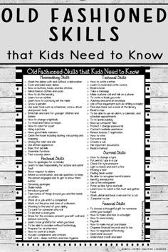 old fashioned skills that kids need to know poster with text overlaying it