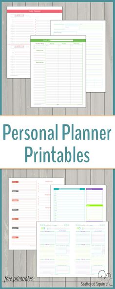 three personal planner printables with the title in blue, green and white text