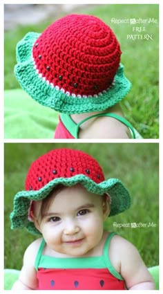 two pictures of a baby wearing a crochet hat with the words free crochet pattern