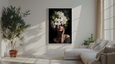 a woman with flowers on her head in a living room next to a couch and potted plant