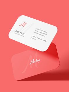 two business cards on top of each other in front of a red and pink background