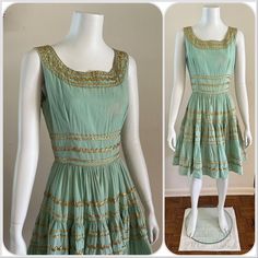 For your consideration Vintage 1950s ric rac patio dress. Pale turquoise-ish mint green with gold trim. Full circle skirt. Working metal "Coats & Clark" side zipper. No lining or pockets. No tags or markings. The fabric is textured like a gauze. Fits like a modern XS/S Pre owned, shows general wear. Overall great dress but does have flaws - sold as is. Has age discoloration and fade in areas, mainly noticeable at the bust. Has not been recently cleaned but I heat steamed it. Minor surface wear a Dress Western, Patio Dress, Fiesta Dress, Small Mannequin, Pale Turquoise, Costume Inspo, Square Dance, Full Circle Skirt, Square Dancing