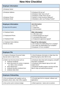 the new hire checklist for employees is shown in this document, which includes an employee's information sheet