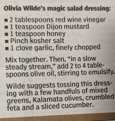 the instructions for how to use olive oil in salad dressings are posted on a newspaper page