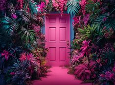 an open pink door surrounded by lush green plants and purple flowers on a pink background