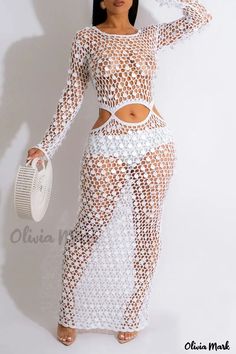 Olivia Mark - Chic Aqua Solid Swimwear Cover-Up with Intricate Hollowed-Out Patchwork Pearl Crochet, Sequin Sleeve, Crochet Maxi Dress, Crochet Cover Up, Crochet Maxi, Sequin Maxi Dress, Sequin Maxi, New Chic, Swimwear Cover