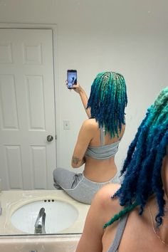 Multicolor Locs Black Women, Blue Ombre Locs, Loc Color Combo, Green And Blue Hair Dye, Different Color Dreads, Peek A Boo Dreads, Female With Dreads, Purple And Green Locs, Blue And Green Dyed Hair