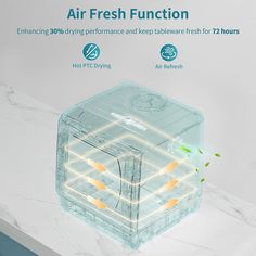 an advertisement for air fresh function on a white counter top with yellow arrows pointing to it