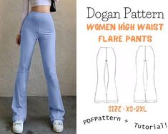 a woman wearing high waist flare pants sewing pattern