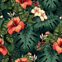 tropical leaves and flowers on a green background with red, orange and white flowers in the center