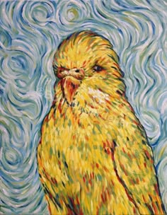 a painting of a yellow bird on a blue background