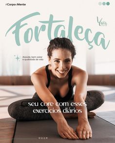 a woman sitting on top of a yoga mat in front of a poster that says fortalea