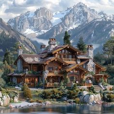 a large log house surrounded by mountains and trees with water in front of the cabin