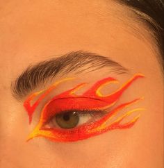 Graphic Flame Liner, Flame Eye Makeup Fire, Flame Halloween Costume, Lighting Mcqueen Makeup, Flames Makeup Look, Flame Makeup Look, Flames Eye Makeup, Fire Inspired Makeup Look, Fire Halloween Makeup