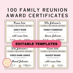 the family reunion award certificate is shown in four different colors and font, along with an additional